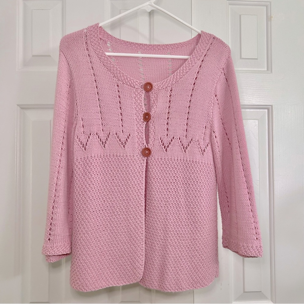 Vintage Petal Pink Knit Wood Button Cottage Prairie Cardigan Sweater Size S/M